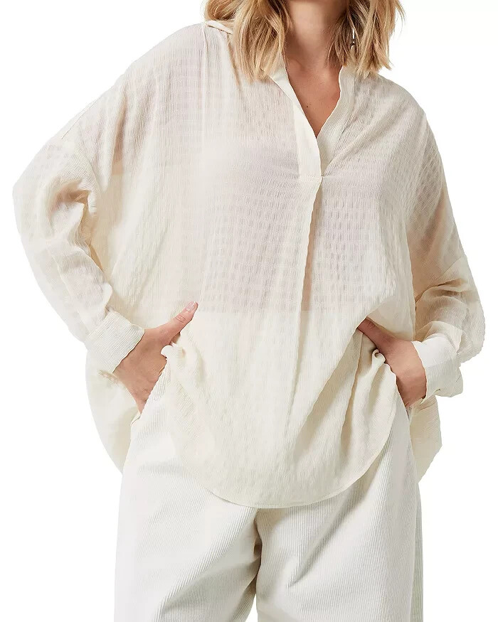 FRENCH CONNECTION Rhodes Textured Crepe Top Women's S Classic Cream Long Sleeve