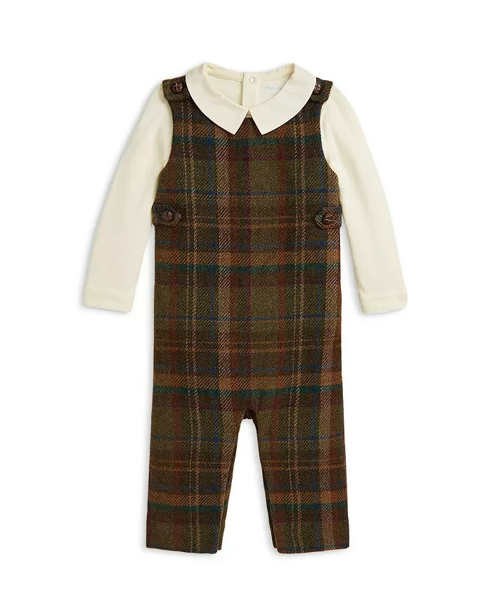 Ralph Lauren Interlock Bodysuit & Plaid Wool Blend Overall Set Baby Boys' 24M