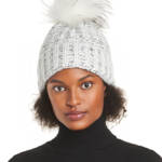 Kyi Kyi Knitted Faux Fur Pom Pom Beanie Hat Women's Silver/Gray Ribbed Hem