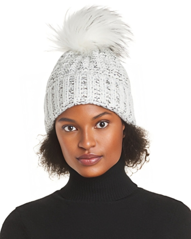 Kyi Kyi Knitted Faux Fur Pom Pom Beanie Hat Women's Silver/Gray Ribbed Hem