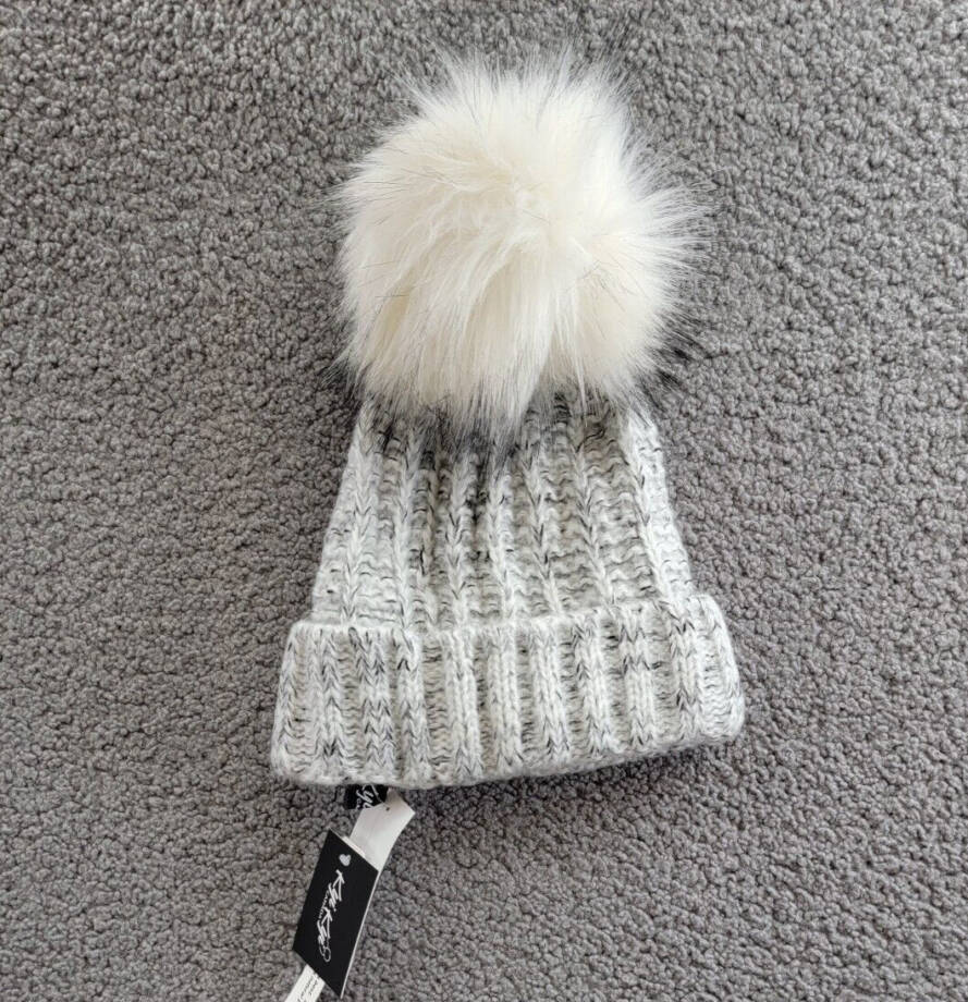 Kyi Kyi Knitted Faux Fur Pom Pom Beanie Hat Women's Silver/Gray Ribbed Hem