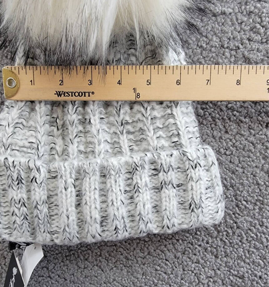 Kyi Kyi Knitted Faux Fur Pom Pom Beanie Hat Women's Silver/Gray Ribbed Hem