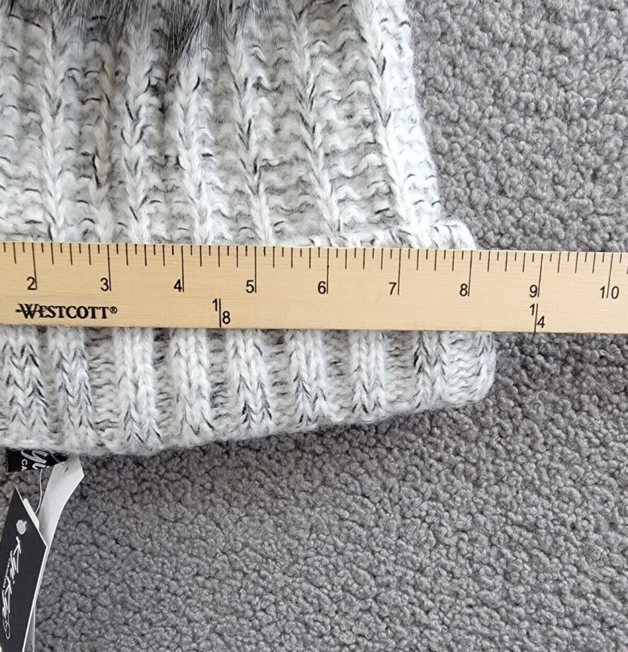 Kyi Kyi Knitted Faux Fur Pom Pom Beanie Hat Women's Silver/Gray Ribbed Hem