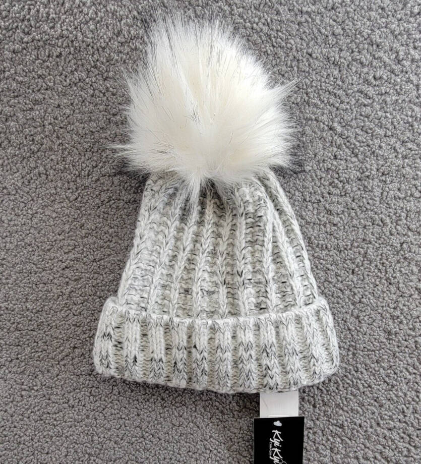 Kyi Kyi Knitted Faux Fur Pom Pom Beanie Hat Women's Silver/Gray Ribbed Hem
