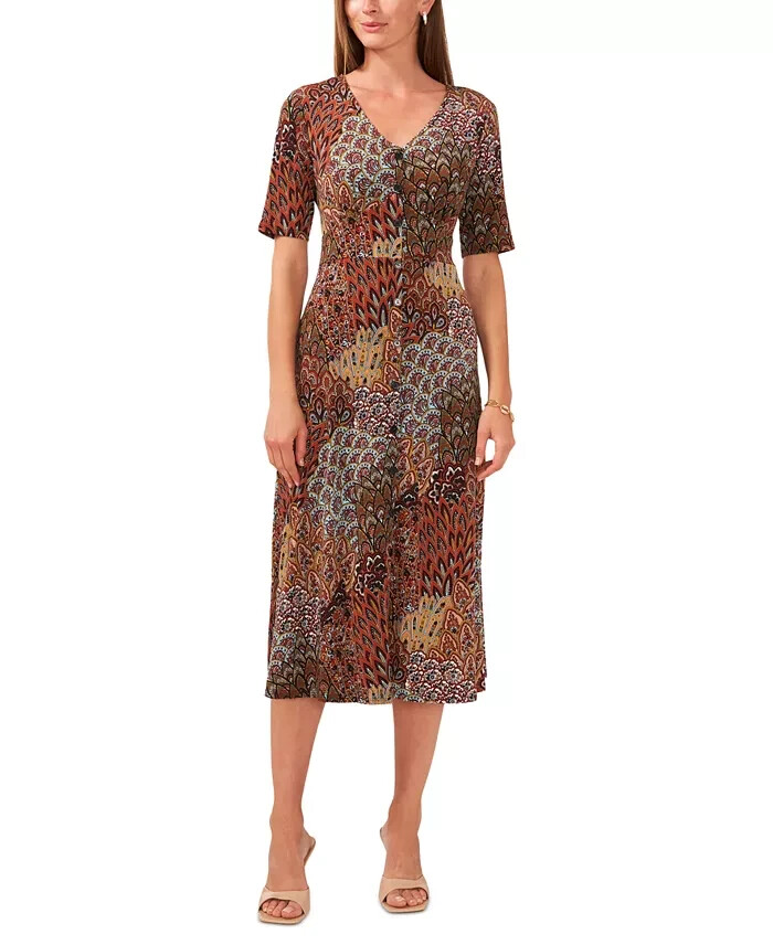 MSK Printed Button-Front Midi Dress Women's Large Spice V-Neck Short Sleeve