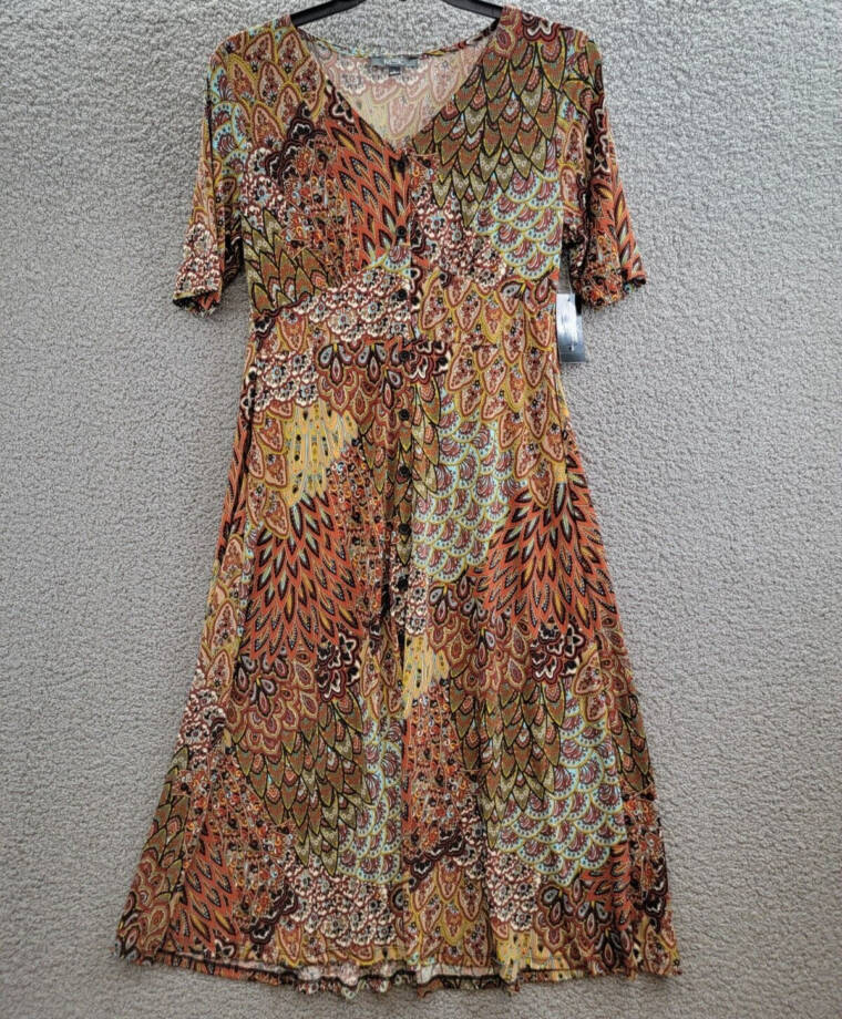 MSK Printed Button-Front Midi Dress Women's Large Spice V-Neck Short Sleeve