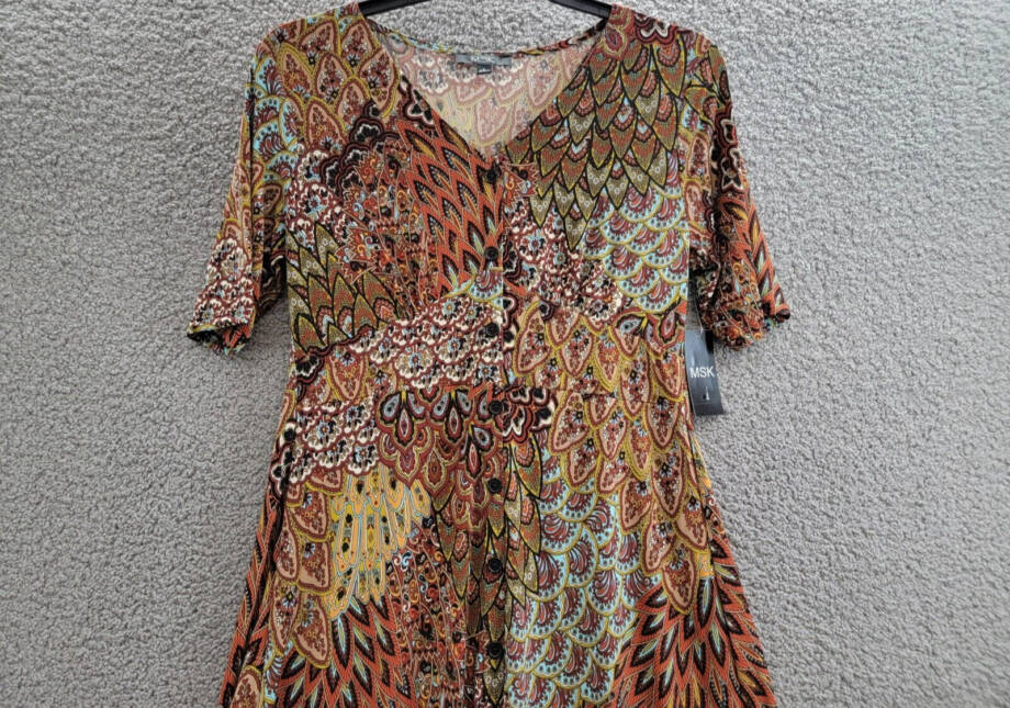 MSK Printed Button-Front Midi Dress Women's Large Spice V-Neck Short Sleeve