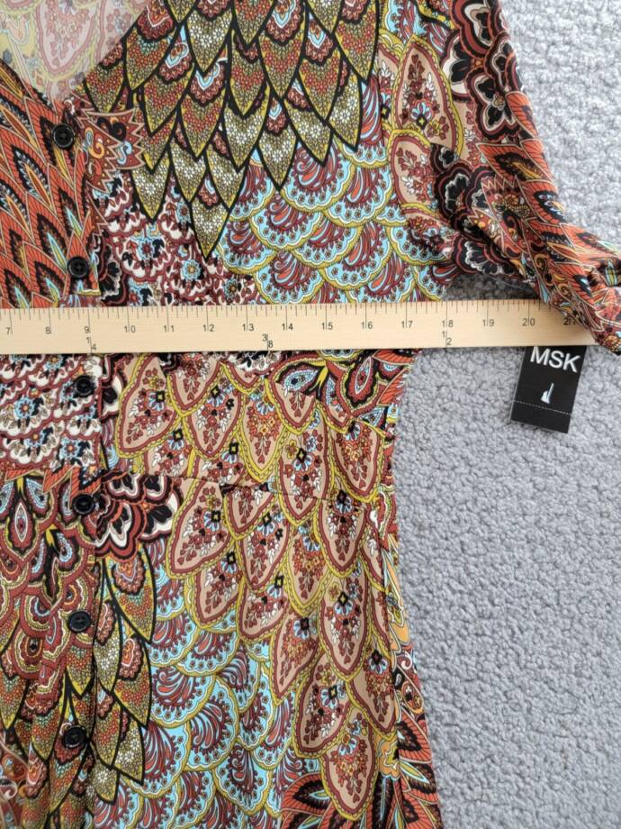 MSK Printed Button-Front Midi Dress Women's Large Spice V-Neck Short Sleeve