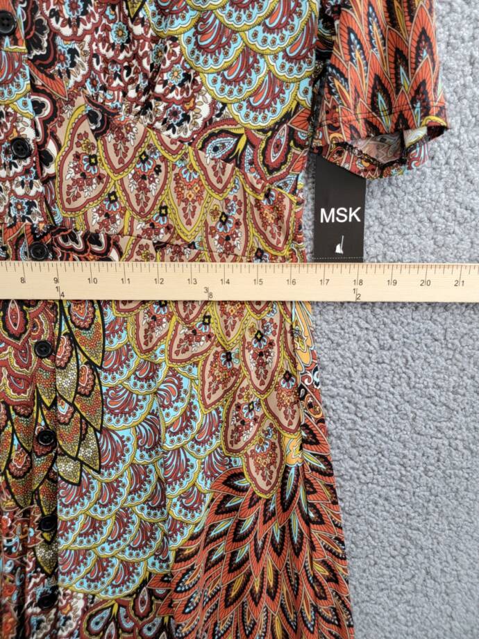 MSK Printed Button-Front Midi Dress Women's Large Spice V-Neck Short Sleeve
