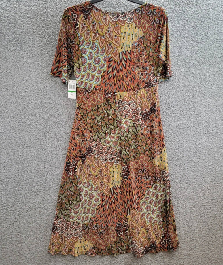 MSK Printed Button-Front Midi Dress Women's Large Spice V-Neck Short Sleeve