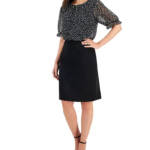 Connected Mixed-Media Puff-Sleeve Dress Womens 6 Black Round Neck Button Closure