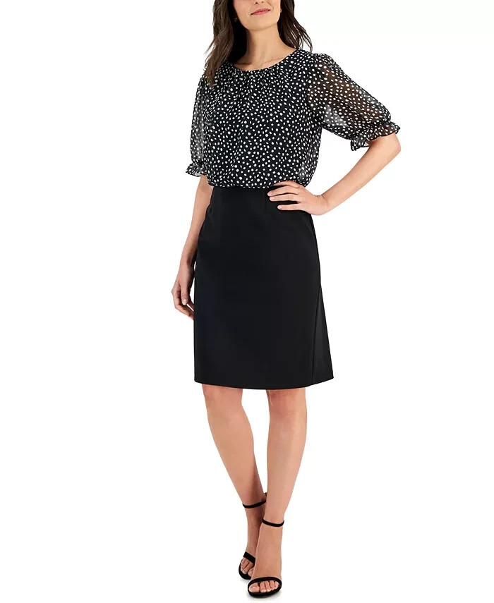 Connected Mixed-Media Puff-Sleeve Dress Womens 6 Black Round Neck Button Closure