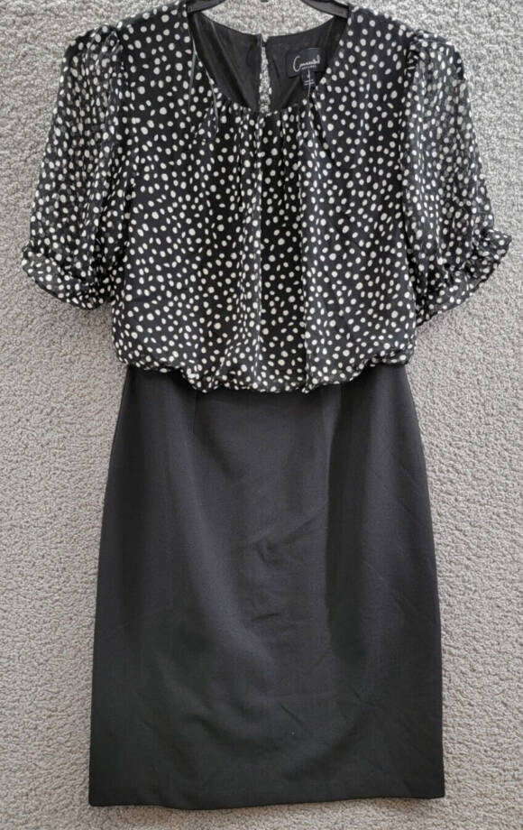 Connected Mixed-Media Puff-Sleeve Dress Womens 6 Black Round Neck Button Closure