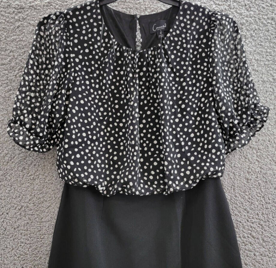 Connected Mixed-Media Puff-Sleeve Dress Womens 6 Black Round Neck Button Closure