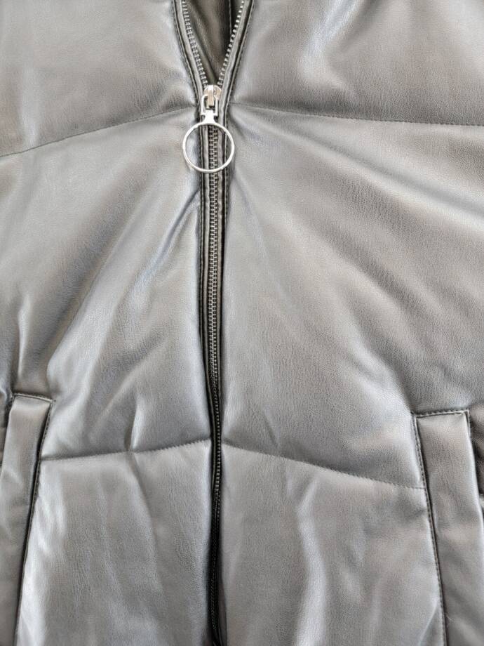 AQUA Faux Leather Full Zip Puffer Jacket Women's XL Black Solid Side Pockets L/S