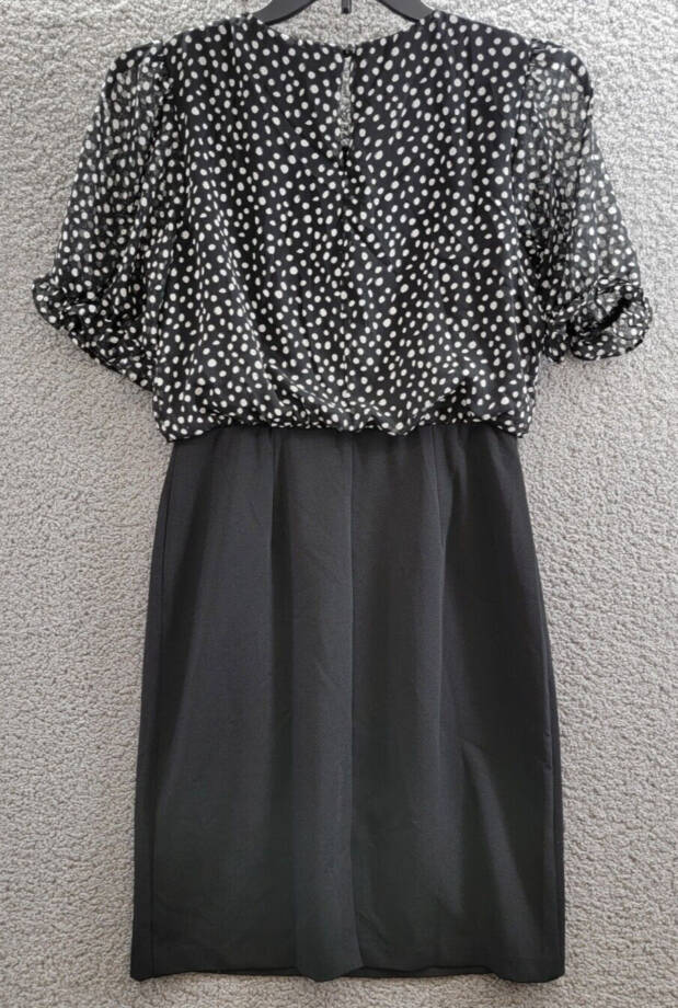 Connected Mixed-Media Puff-Sleeve Dress Womens 6 Black Round Neck Button Closure