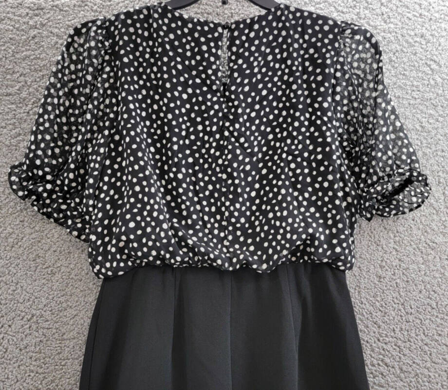 Connected Mixed-Media Puff-Sleeve Dress Womens 6 Black Round Neck Button Closure