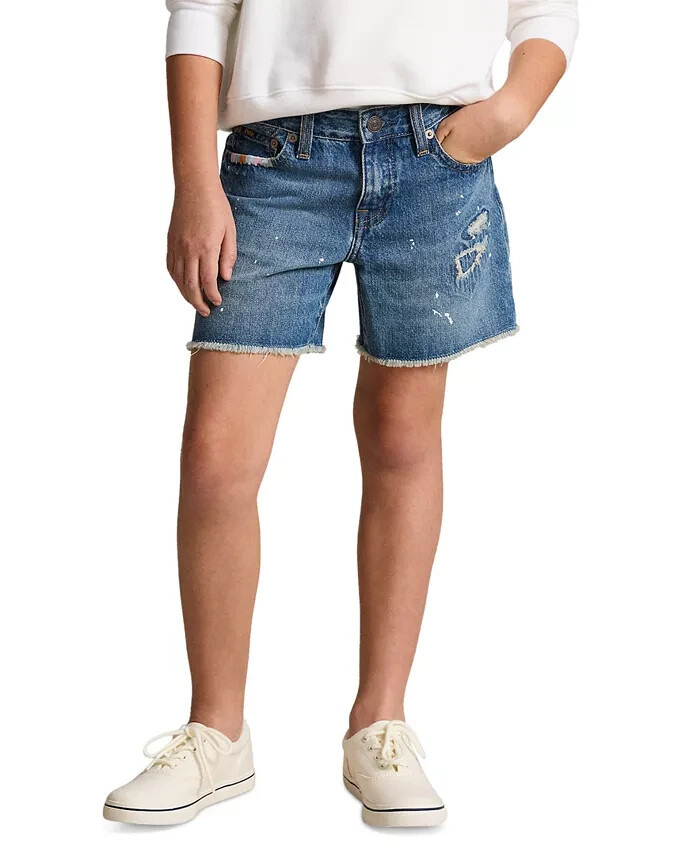 Polo Ralph Lauren Paint-Splatter-Print Cotton Denim Shorts Girls 8 Blue Raw Hem