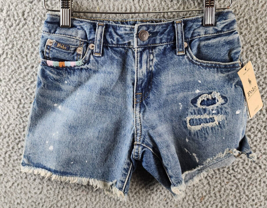 Polo Ralph Lauren Paint-Splatter-Print Cotton Denim Shorts Girls 8 Blue Raw Hem