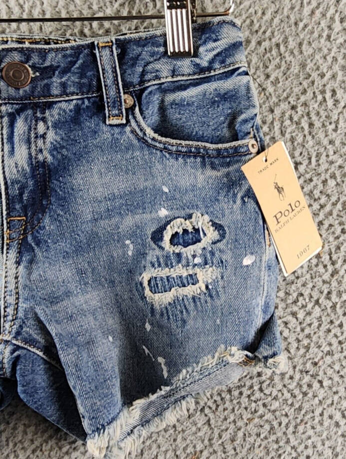 Polo Ralph Lauren Paint-Splatter-Print Cotton Denim Shorts Girls 8 Blue Raw Hem