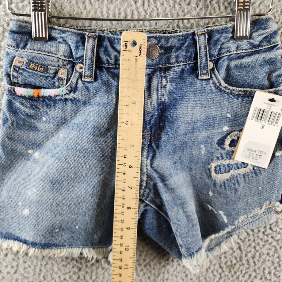 Polo Ralph Lauren Paint-Splatter-Print Cotton Denim Shorts Girls 8 Blue Raw Hem