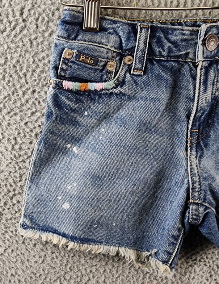 Polo Ralph Lauren Paint-Splatter-Print Cotton Denim Shorts Girls 8 Blue Raw Hem