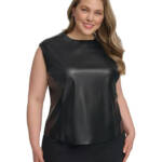 Calvin Klein Plus Size Mixed-Media Sleeveless Top Women's 22W Black Back Zip
