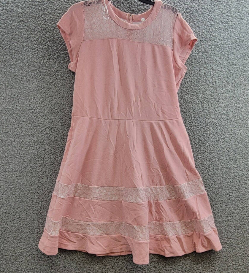 NY Collection Lace-Trim Fit & Flare Dress Women's L Pink Short Sleeve Back Zip