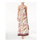 Eci New York Printed Maxi Dress Women's XL Ivory/Pink Halter Neck Back Tie