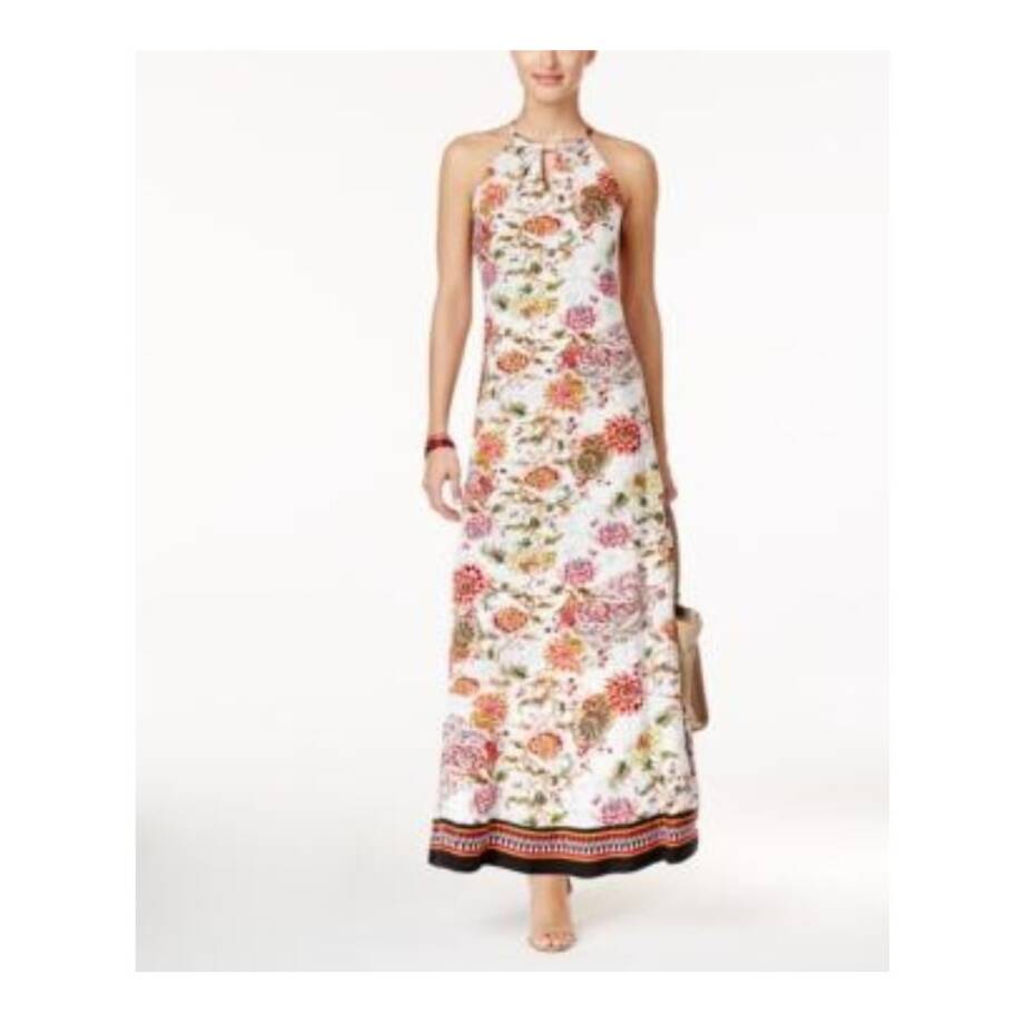 Eci New York Printed Maxi Dress Women's XL Ivory/Pink Halter Neck Back Tie