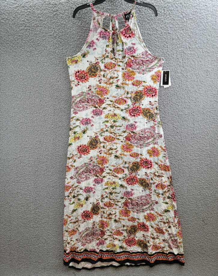 Eci New York Printed Maxi Dress Women's XL Ivory/Pink Halter Neck Back Tie
