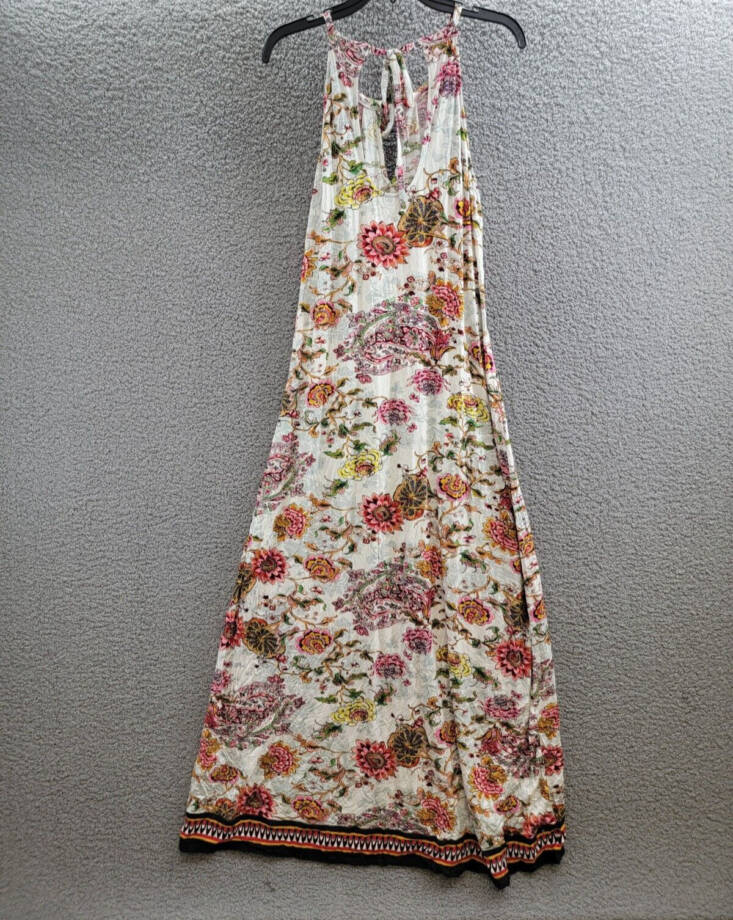 Eci New York Printed Maxi Dress Women's XL Ivory/Pink Halter Neck Back Tie