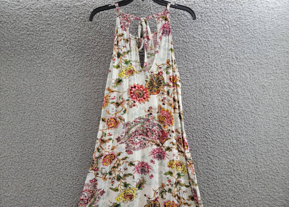 Eci New York Printed Maxi Dress Women's XL Ivory/Pink Halter Neck Back Tie