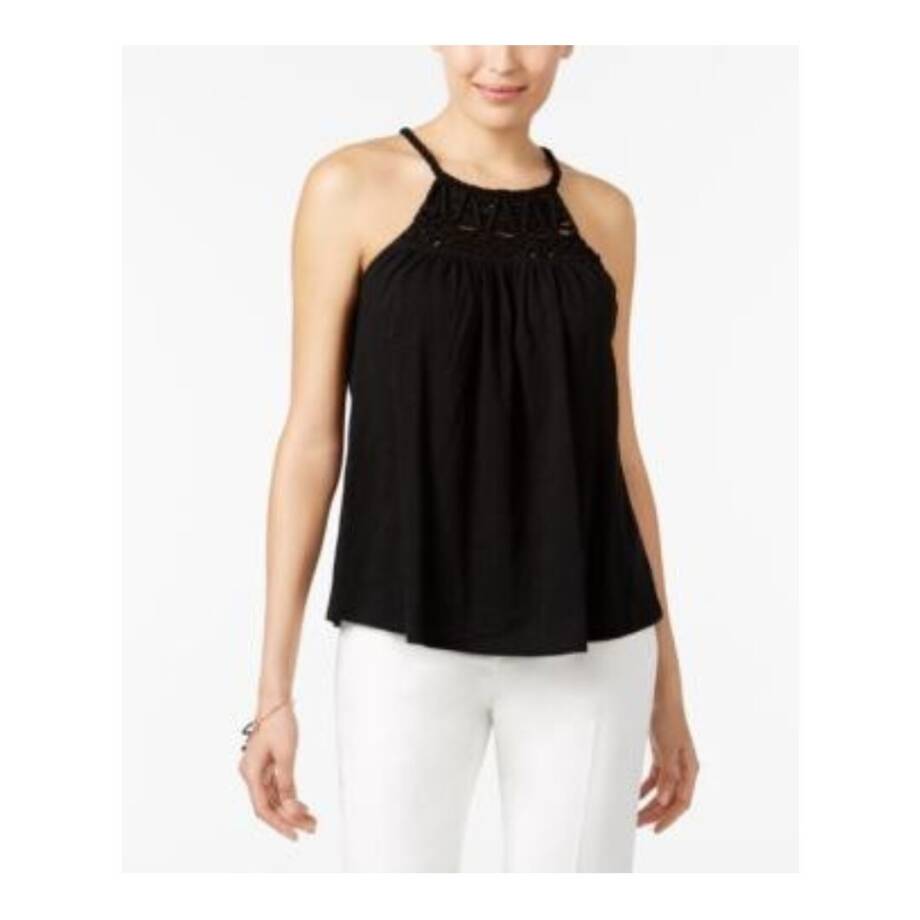 Cable & Gauge Macrame Knit Blouse Women's L Black Halter Sleeveless Hook & Eye