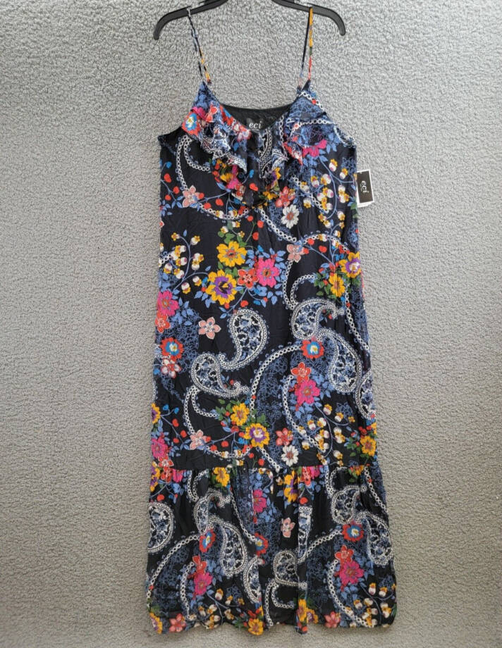 ECI New York Floral Paisley Print Sleeveless Dress Women's L Black Multi V-Neck