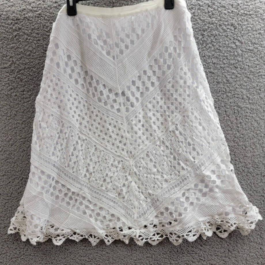 JohnPaulRichard Crocheted A-Line Skirt Women's XL White Scalloped Hem Pull On