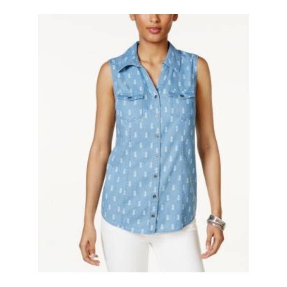 Style & Co Pineapple Button-Down Top Women's L Blue Multi Collared Sleeveless