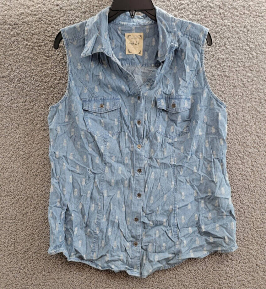 Style & Co Pineapple Button-Down Top Women's L Blue Multi Collared Sleeveless