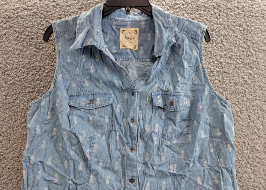 Style & Co Pineapple Button-Down Top Women's L Blue Multi Collared Sleeveless