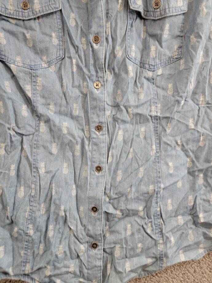 Style & Co Pineapple Button-Down Top Women's L Blue Multi Collared Sleeveless