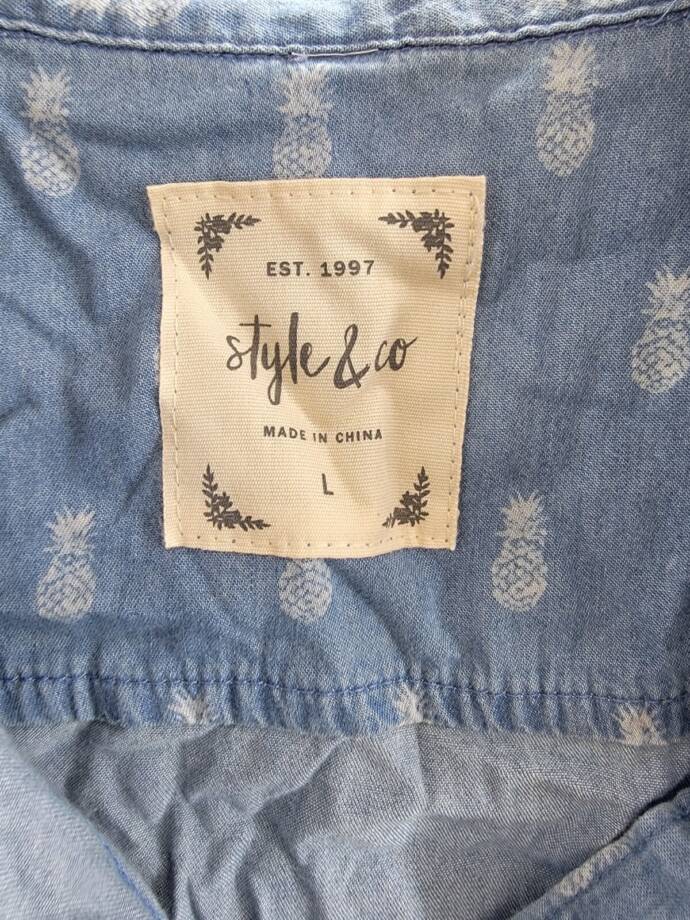 Style & Co Pineapple Button-Down Top Women's L Blue Multi Collared Sleeveless