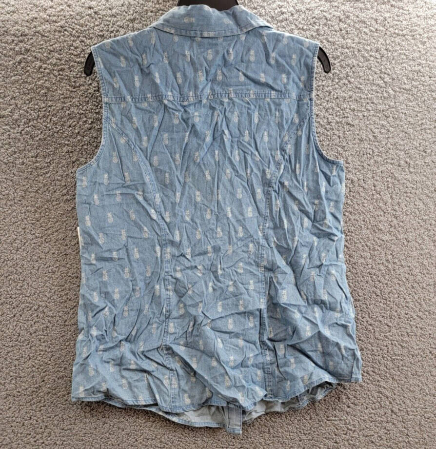 Style & Co Pineapple Button-Down Top Women's L Blue Multi Collared Sleeveless