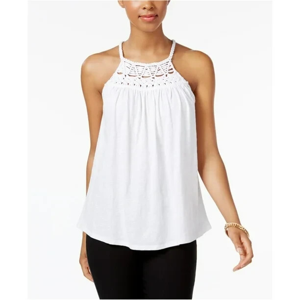 Cable & Gauge Macrame Knit Blouse Women's L White Solid Halter Neck Button Back
