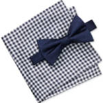 Tommy Hilfiger Silk Tonal Stripe Solid Bow Tie & Gingham Pocket Square Set -Navy