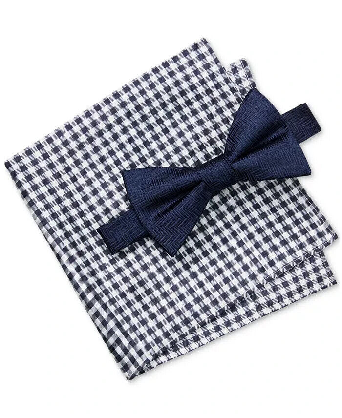 Tommy Hilfiger Silk Tonal Stripe Solid Bow Tie & Gingham Pocket Square Set -Navy