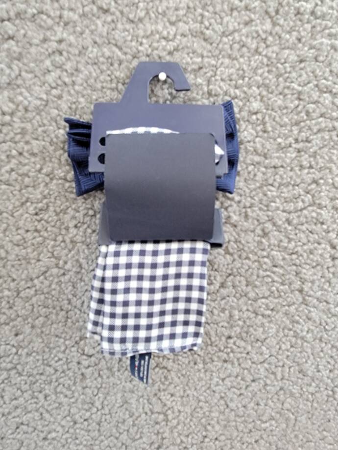 Tommy Hilfiger Silk Tonal Stripe Solid Bow Tie & Gingham Pocket Square Set -Navy