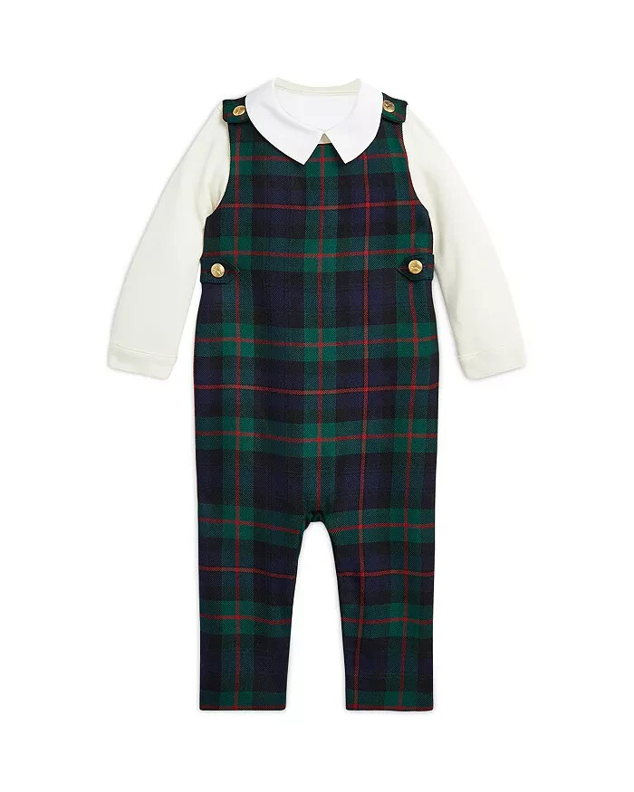 Ralph Lauren Bodysuit & Plaid Wool Overalls Set Baby Boys 18M Multi Button Snap