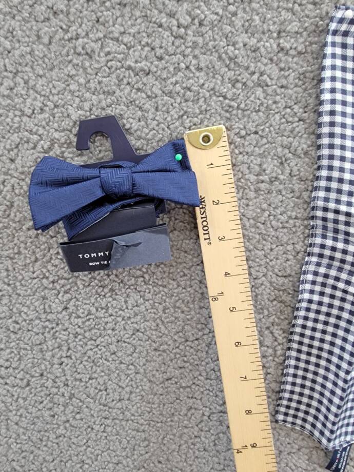 Tommy Hilfiger Silk Tonal Stripe Solid Bow Tie & Gingham Pocket Square Set -Navy