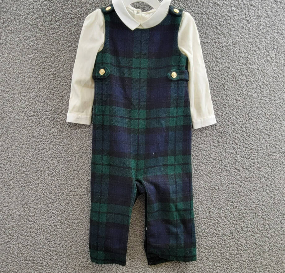 Ralph Lauren Bodysuit & Plaid Wool Overalls Set Baby Boys 18M Multi Button Snap