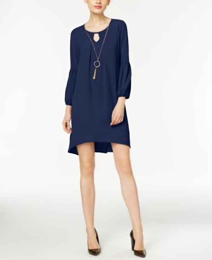 NY Collection Petite High-low Keyhole with Necklace Shift Dress Women's PM Navy